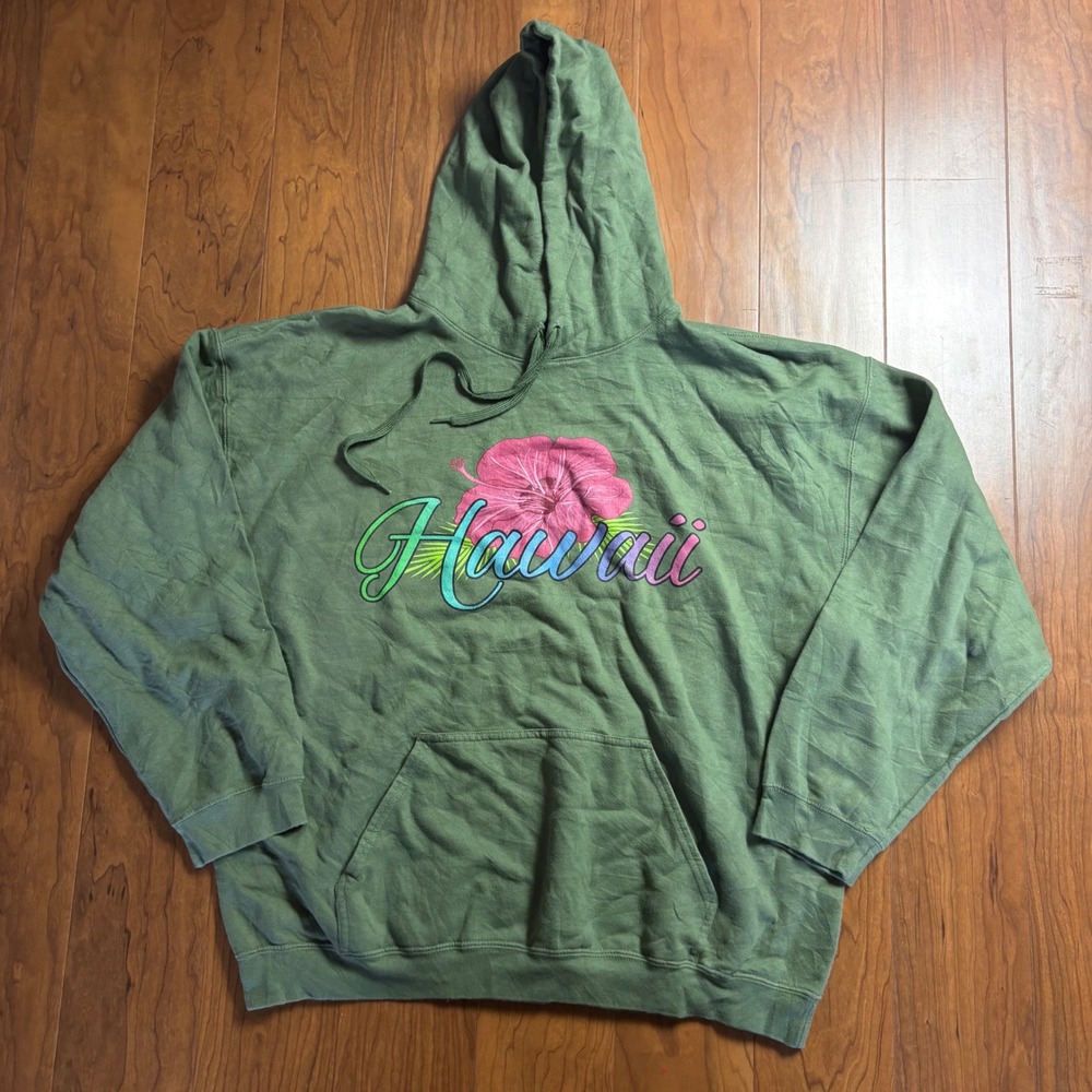 Gildan Softstyle Hawaii Hibiscus Graphic Hoodie Olive Green XL